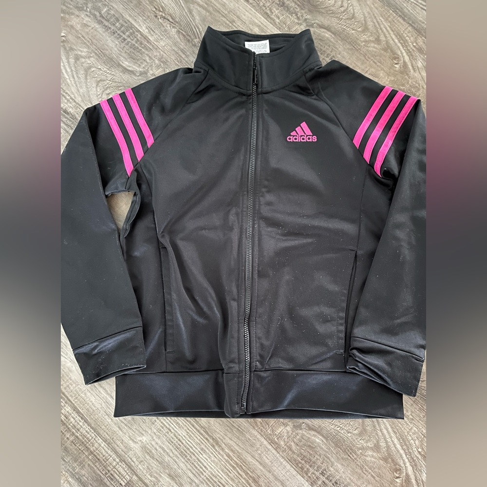 Girls adidas black zip up with pink stripes, size 10/12